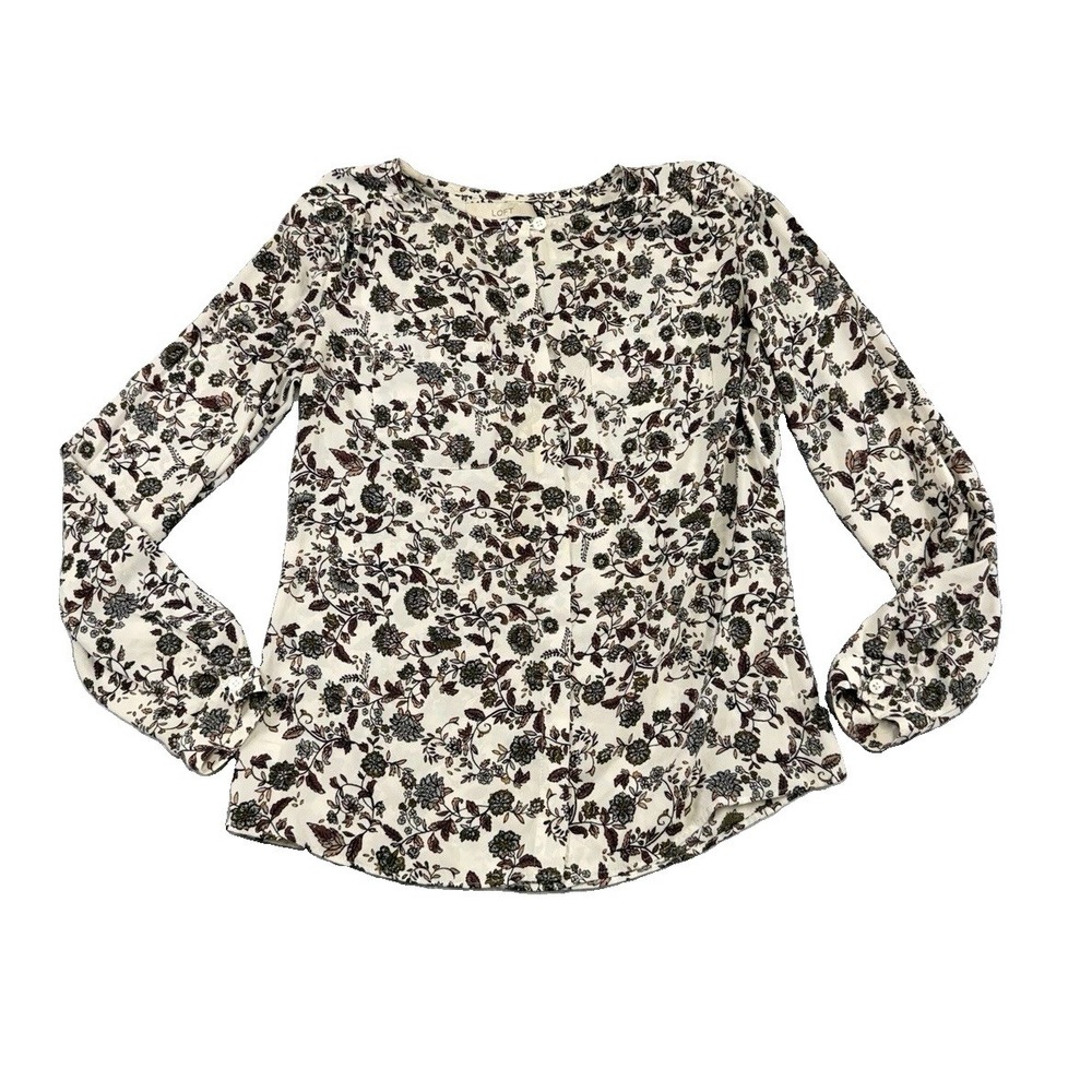 LOFT Ivory Floral Printed Button-Down Crew Neck Chiffon Shirt Blouse XS Preppy